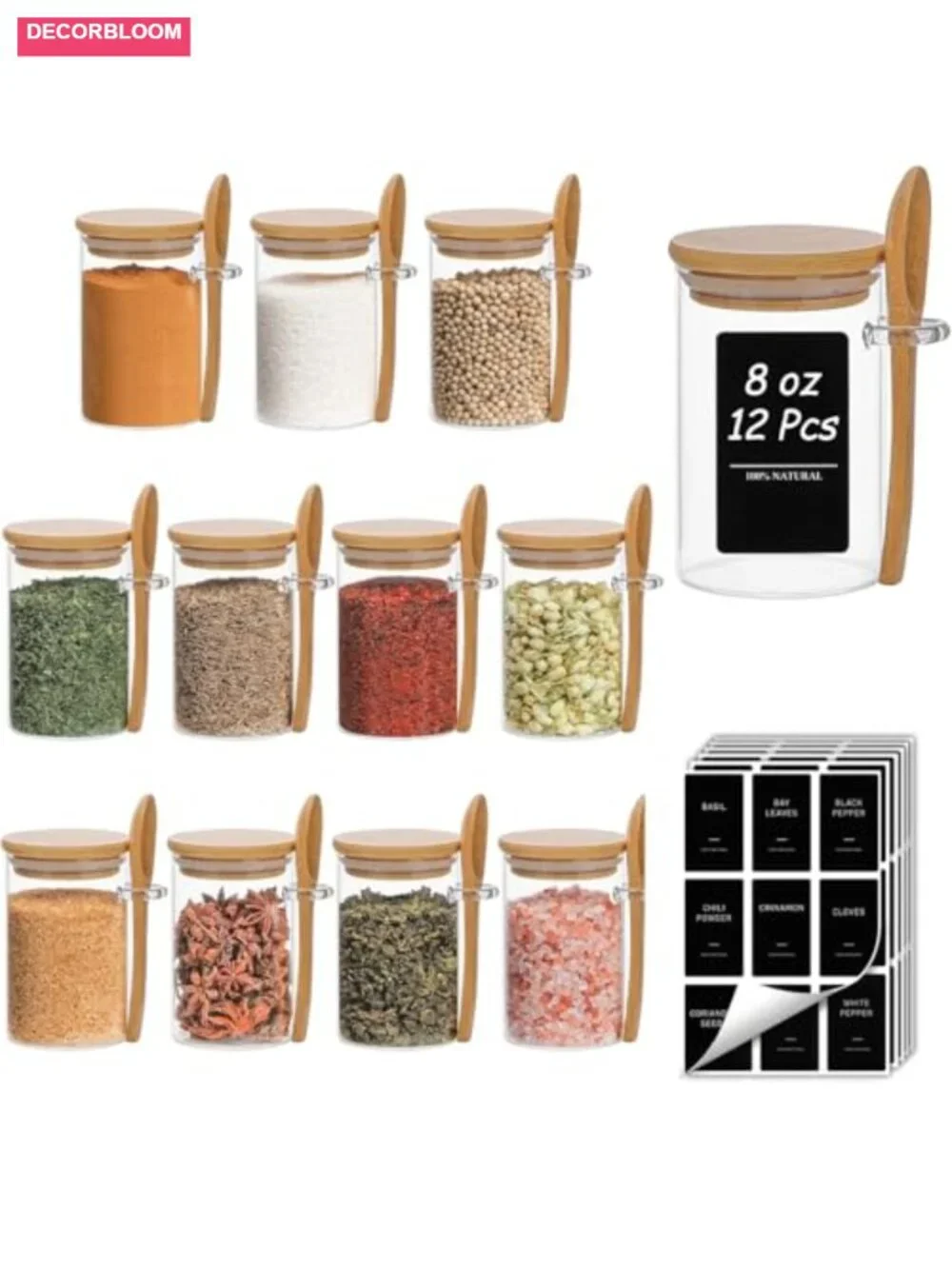 12 Pcs 8oz Glass Spice Jars with Bamboo Lids & Spoons, Airtight Storage for